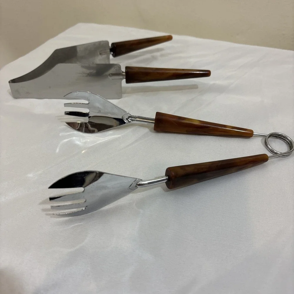 Vintage Bakelite‎ Cake Cutter Server Double Handle and Clawed Ice Tongs